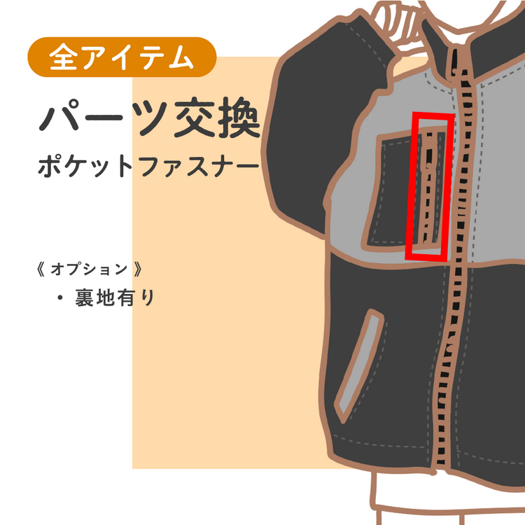 全アイテム パーツ交換 ポケットファスナー【納期】当店到着確認後1ヶ月∼