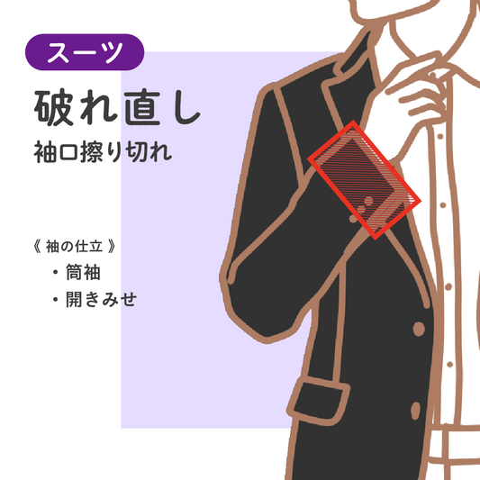 スーツ/フォーマルジャケット	破れ直し	袖口擦り切れ【納期】当店到着確認後7日後発送